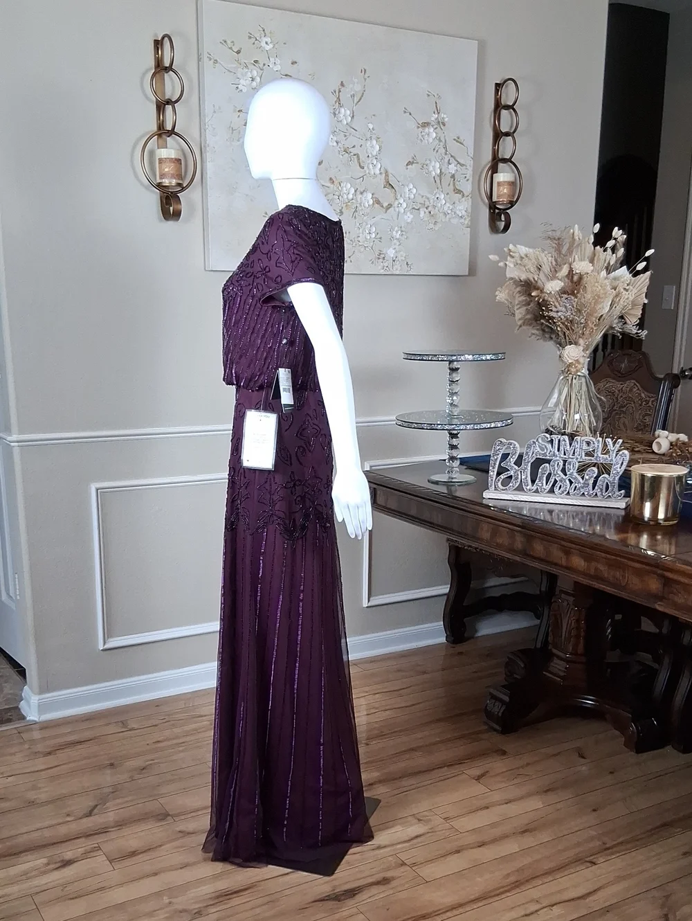 New Adrianna Papell Evening Beaded Dress Plum Floor-Length Short Sleeves Small - Picture 12 of 16